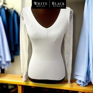 White House Black Market Sweater, Ivory Lace Cream Lace Sleeve V-Neck Sweater